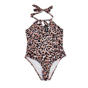 Leopard Print Halter Neck One-Piece Swimsuit Ruched Design Women  Aimage Size XL